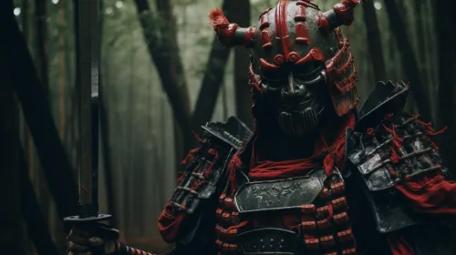 Armed samurai in armor standing in a mysterious forest