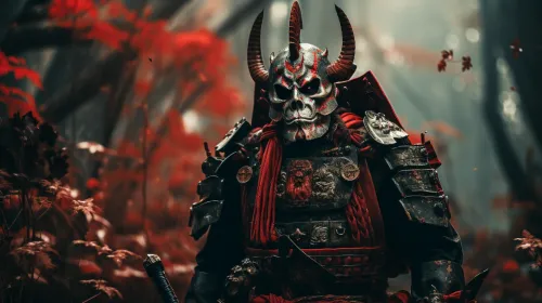 Samurai in armor with a skull on his mask among red foliage