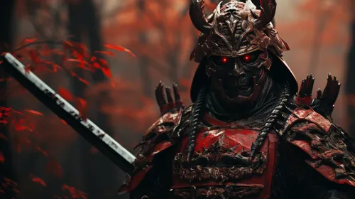 Image of a samurai in red armor with a sword among autumn forest