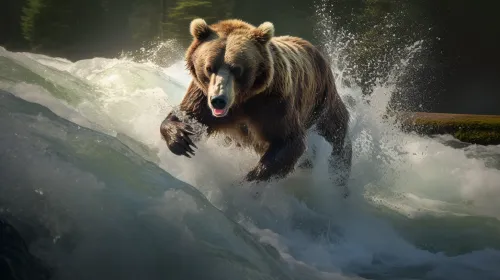 Oso luchando contra las corrientes del agua en un río montañoso