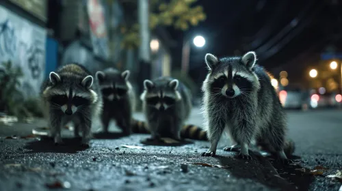 A group of raccoons walking down the street at night
