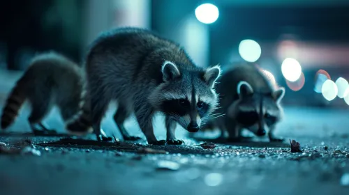 Three raccoons exploring a city street in low light