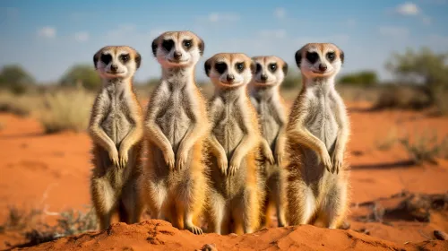 Meerkats standing in a row on the red ground of the desert