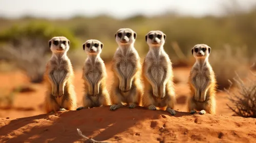 A group of meerkats standing on their hind legs on the sand in the desert
