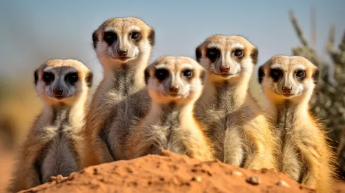 Group of meerkats venturing out in search of food in a desert area
