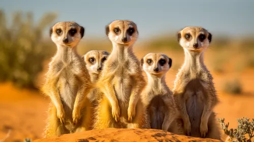 Five meerkats standing against a bright desert background.