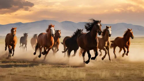 Grupo de caballos corriendo por un campo abierto con montañas de fondo