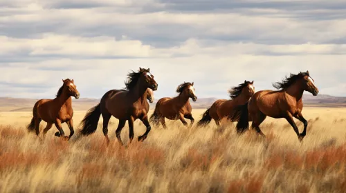 A group of horses galloping across a picturesque field of tall grass