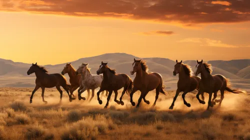 Grupo de caballos corriendo por el campo al atardecer