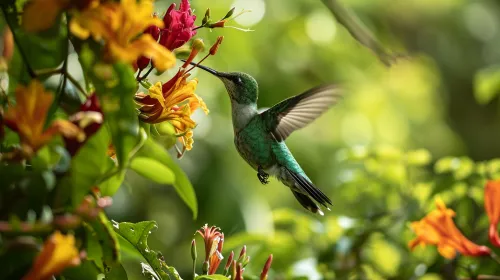 Hummingbird feeding on nectar from flowers surrounded by greenery