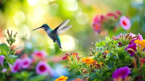 Brillante colibrí contra el fondo de plantas florecientes en el jardín