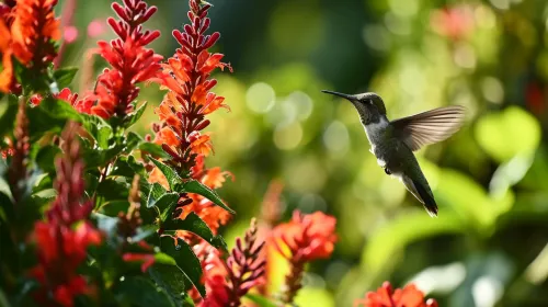 Hummingbird flying towards bright flowers in a sunny garden