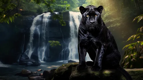 Black Panther Sitting on a Rock Next to a Waterfall