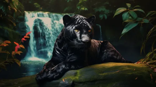 Image of a black panther against the backdrop of a tropical waterfall