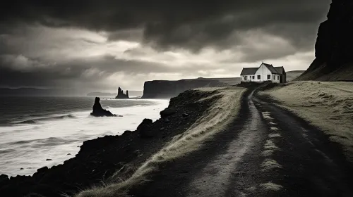 Landscape with a lonely house on the seashore with cliffs