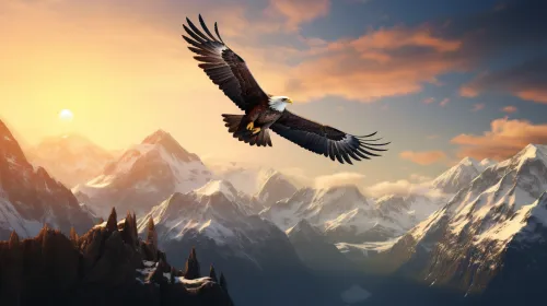 Majestic eagle soaring above snow-capped mountains and sunset.