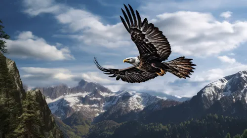 Águila que vuela en el cielo sobre majestuosas montañas