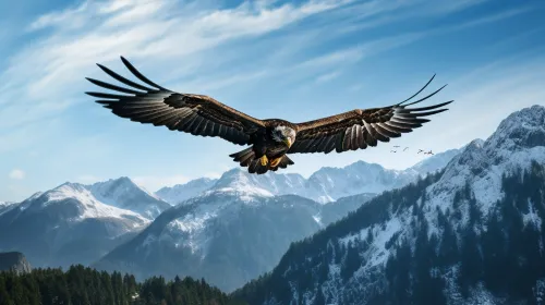 Eagle with outstretched wings soaring over snowy mountains