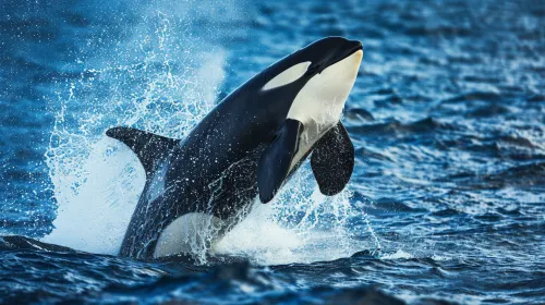 Orca saltando del agua, creando salpicaduras y un chapoteo