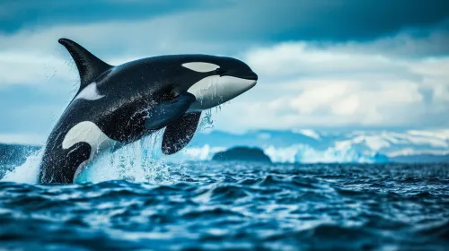 Orca jumping out of the water against a backdrop of glaciers