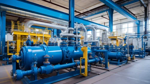 Sala industrial con equipos azules y tuberías