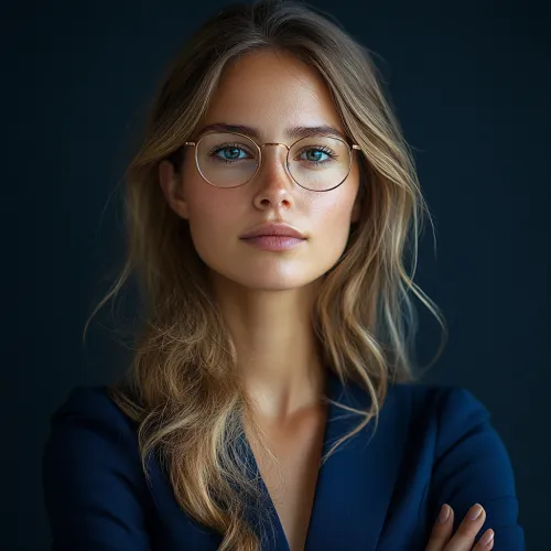 Mujer joven con cabello largo y gafas frente a una pared oscura