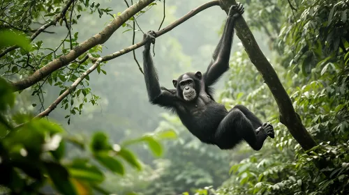 Chimpanzee hanging on a tree branch in a green forest