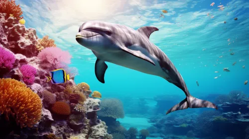 Dolphin swimming among coral reefs and colorful fish