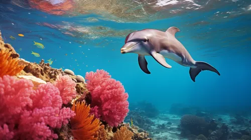 Dolphin swimming among bright corals and fish in the ocean