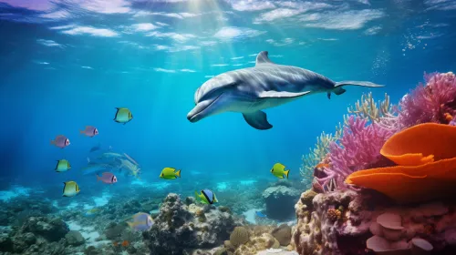 Underwater world, dolphin and colorful fish against the backdrop of corals
