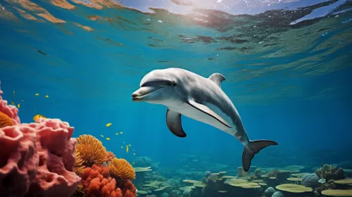 Dolphin swimming among colorful corals and fish in the ocean