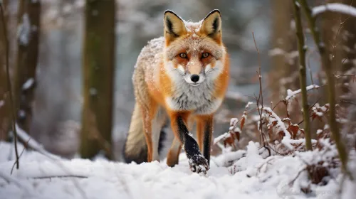 Retrato de un zorro caminando por un bosque nevado