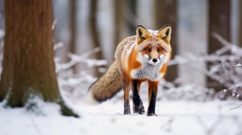 Beautiful image of a fox walking through a snowy forest