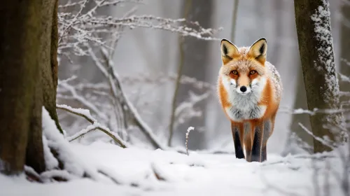 Zorro de pie sobre la nieve en el bosque durante el invierno, entre árboles