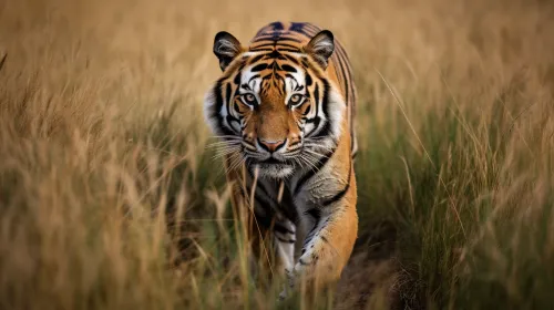 Tiger slowly moving through tall grass under the sunlight