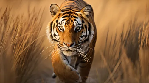 Portrait of a tiger walking through tall grass in the sunset glow