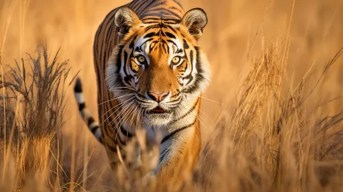 Primer plano de un tigre avanzando a través de hierba amarilla en un entorno natural