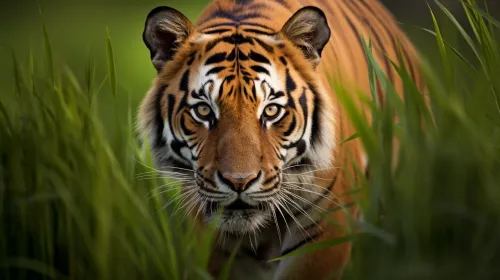 Tiger hiding in tall grass, looking intently ahead