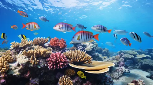 Types of corals and colorful fish in an ocean underwater landscape