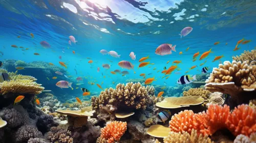 The image shows an underwater landscape with coral reefs and numerous colorful fish