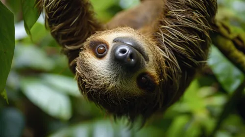 Sloth hanging upside down from a tree branch in the jungle