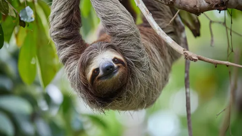 Sloth hanging on a tree in a tropical forest
