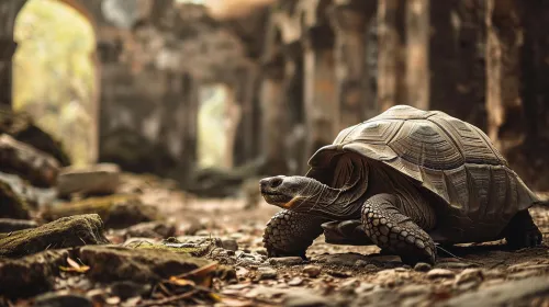 Una tortuga camina por el suelo entre las ruinas de una construcción antigua