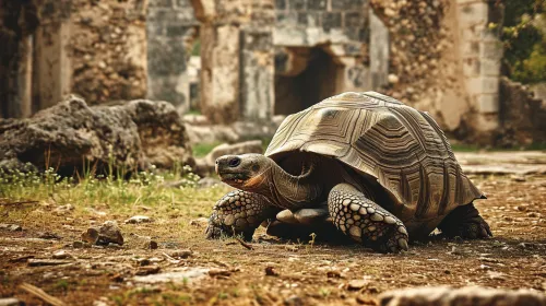 Ancient turtle exploring the green terrain near the ruins
