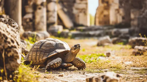 A turtle against the backdrop of ruins, greenery and sunlight create an atmosphere of tranquility