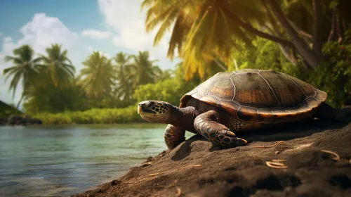Sea turtle resting on the shore by the tropical forest