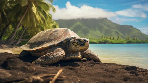 Tortuga en la arena negra con palmeras y un fondo montañoso