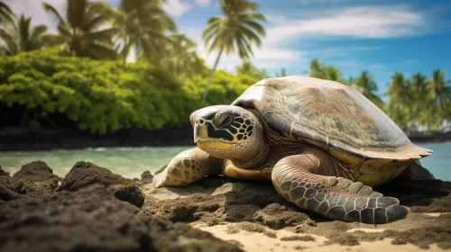 Una tortuga de Grinda descansando en la arena junto a palmeras