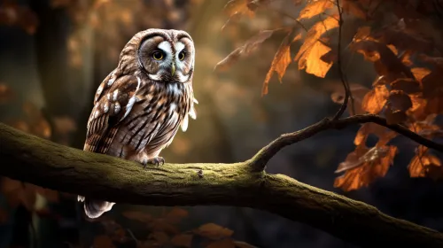 Image of an owl sitting on a branch in an autumn forest