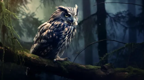 Owl with Bright Eyes Sitting on a Branch Among Dense Forest